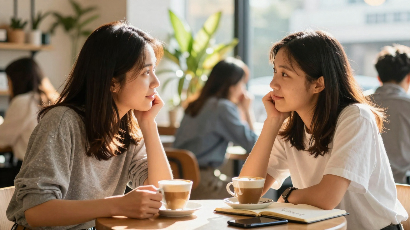Duas mulheres sentadas à mesa num café, conversando enquanto tomam café com leite.