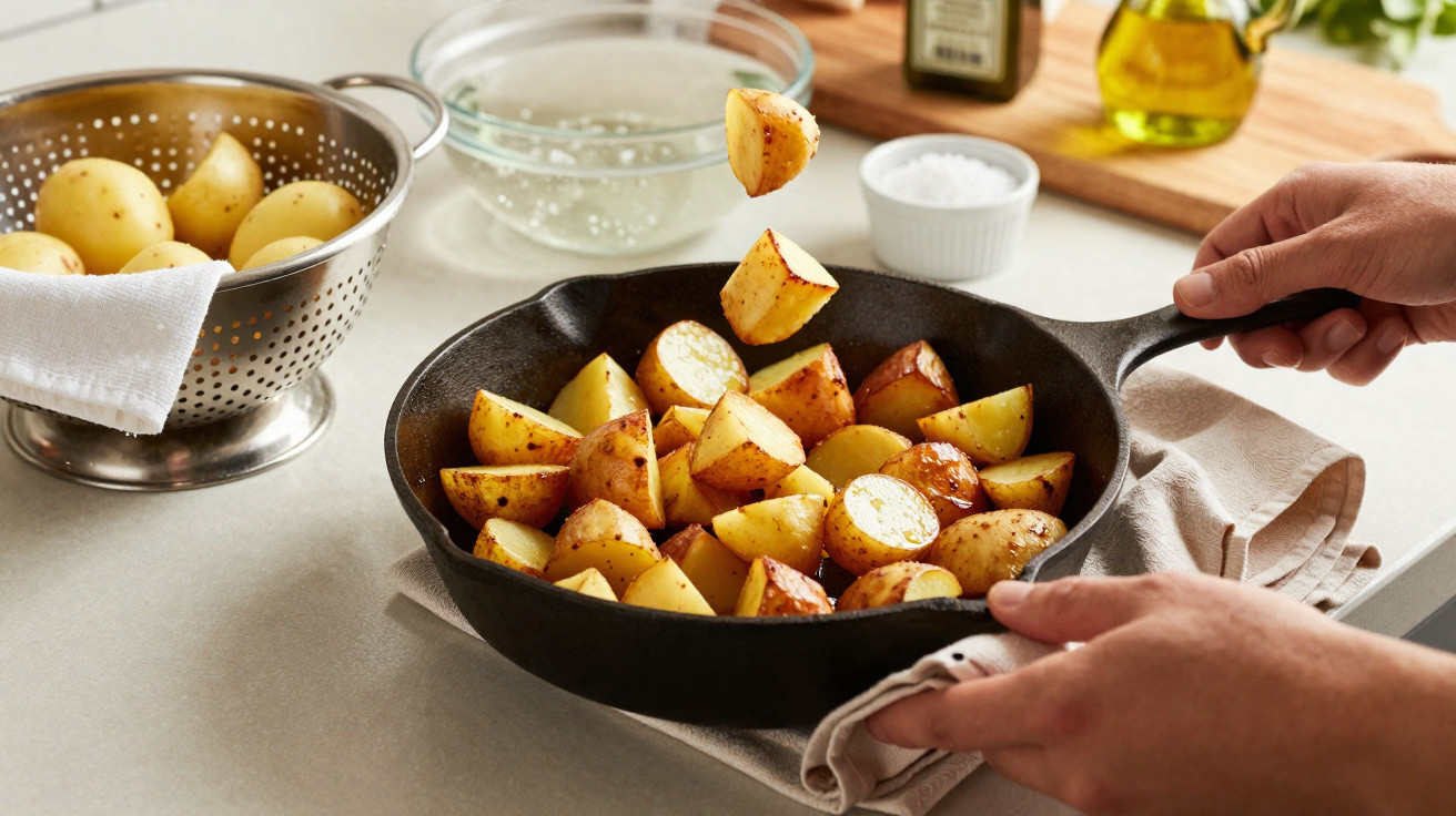 Mãos a cozinhar batatas cortadas numa frigideira de ferro fundido numa cozinha moderna.