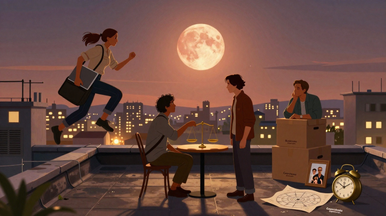 Quatro jovens no telhado ao pôr do sol, com balança, mapas, relógio e lua cheia ao fundo.