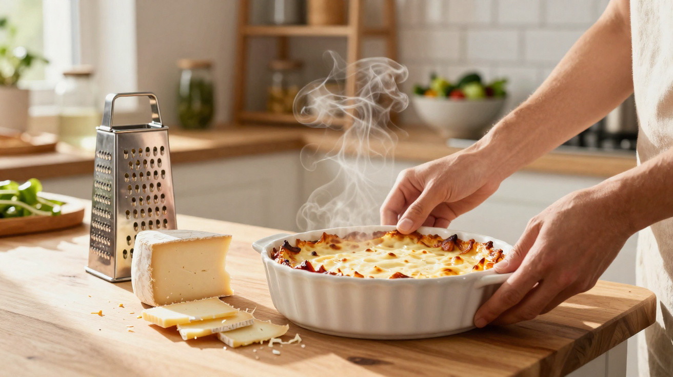 Mãos seguram tabuleiro com lasanha fumegante numa cozinha, ao lado de queijo cortado e ralador.