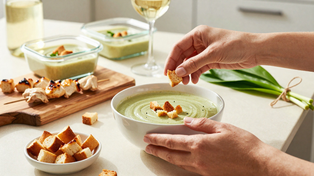 Pessoa a colocar pedaços de pão torrado em tigela com creme verde, com comida e copo de vinho ao fundo.