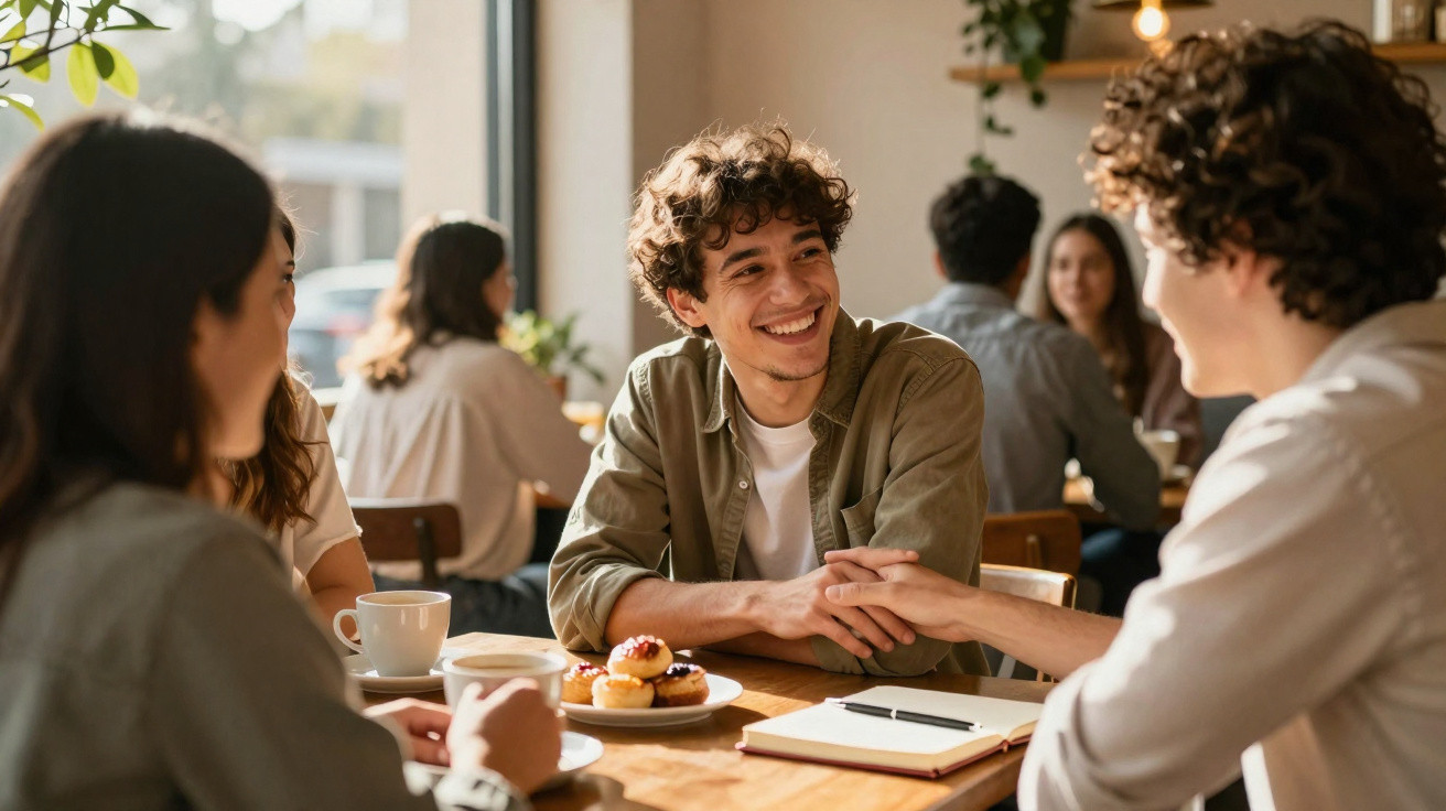 Jovens a conversar e a rir numa mesa de café com chá, pastelaria e caderno aberto no centro.
