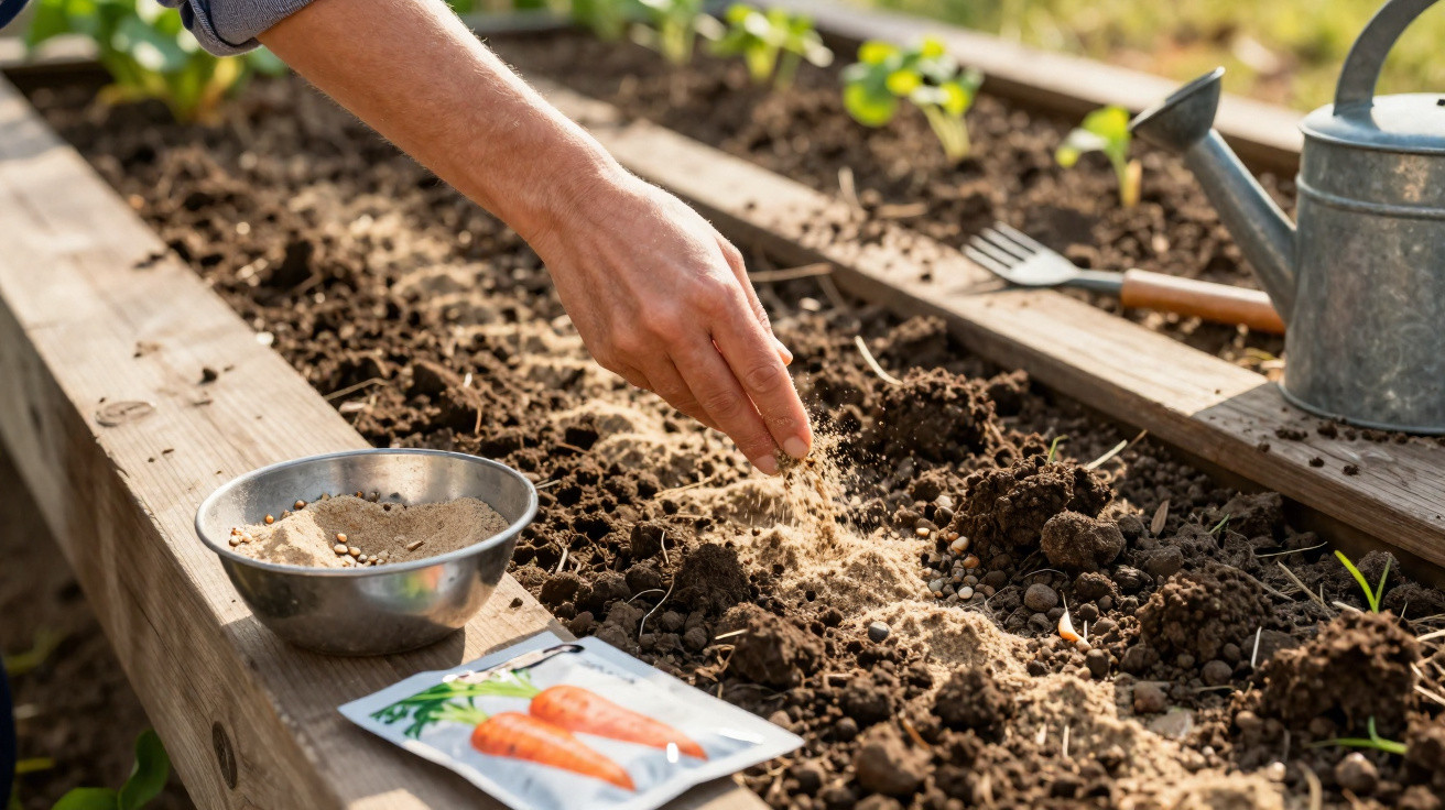 Mão a semear sementes numa cama de jardim com ferramentas de jardinagem próximas.