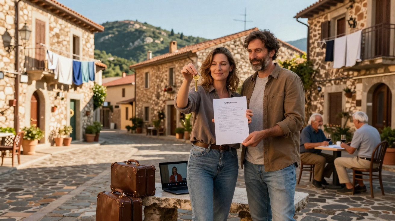 Casal em vila rústica segura contrato e chave, simbolizando compra de casa, com malas e laptop ao lado.
