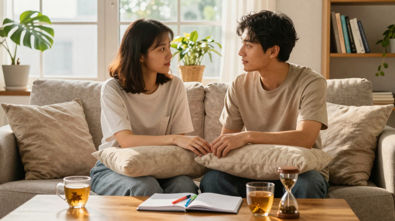 Casal sentado no sofá a conversar, com livros e chá numa mesa à frente, ambiente acolhedor e luz natural.