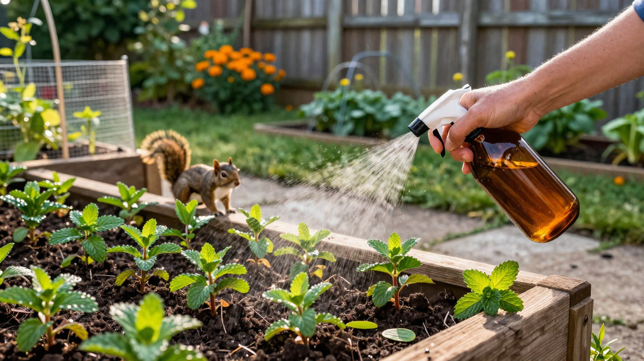 Mão a pulverizar plantas num canteiro elevado, com um esquilo ao fundo num jardim ensolarado.