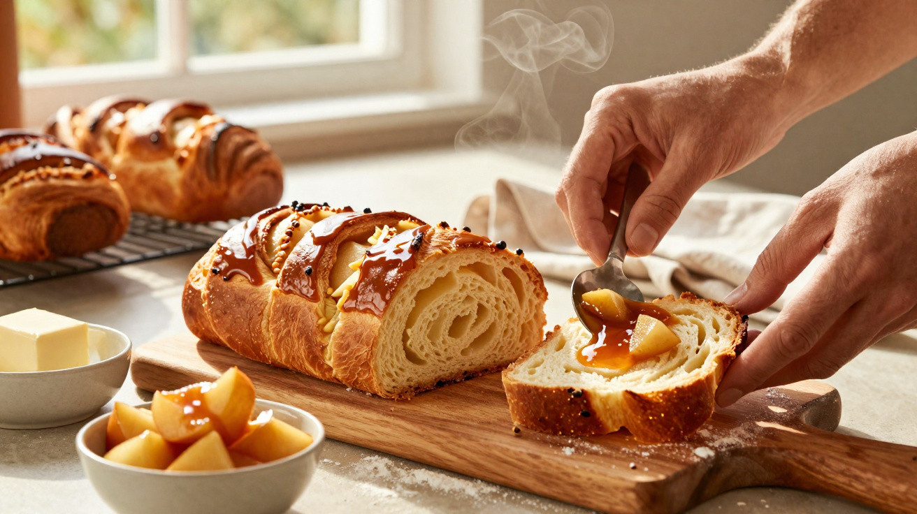 Pão doce cortado com doce de maçã quente a ser espalhado, com croissants ao fundo e manteiga à parte.