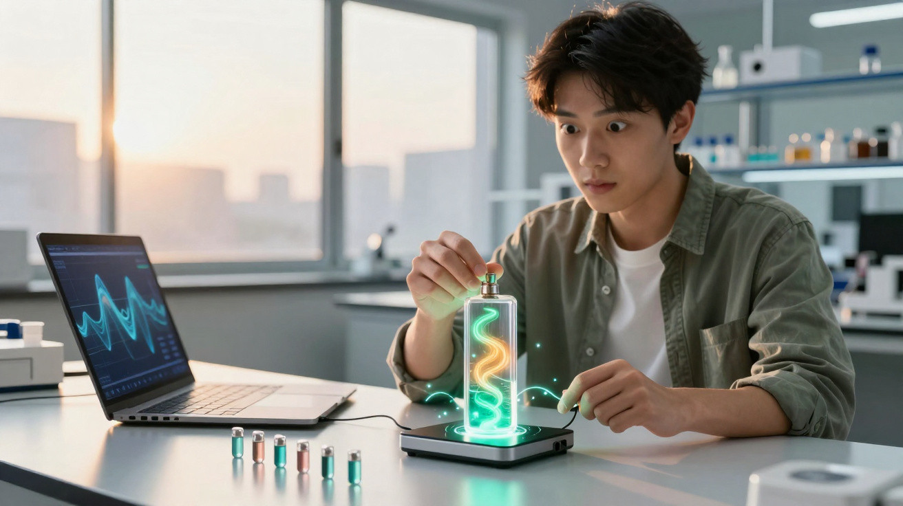 Jovem cientista observa com surpresa protótipo tecnológico futurista com luzes numa bancada de laboratório moderno.