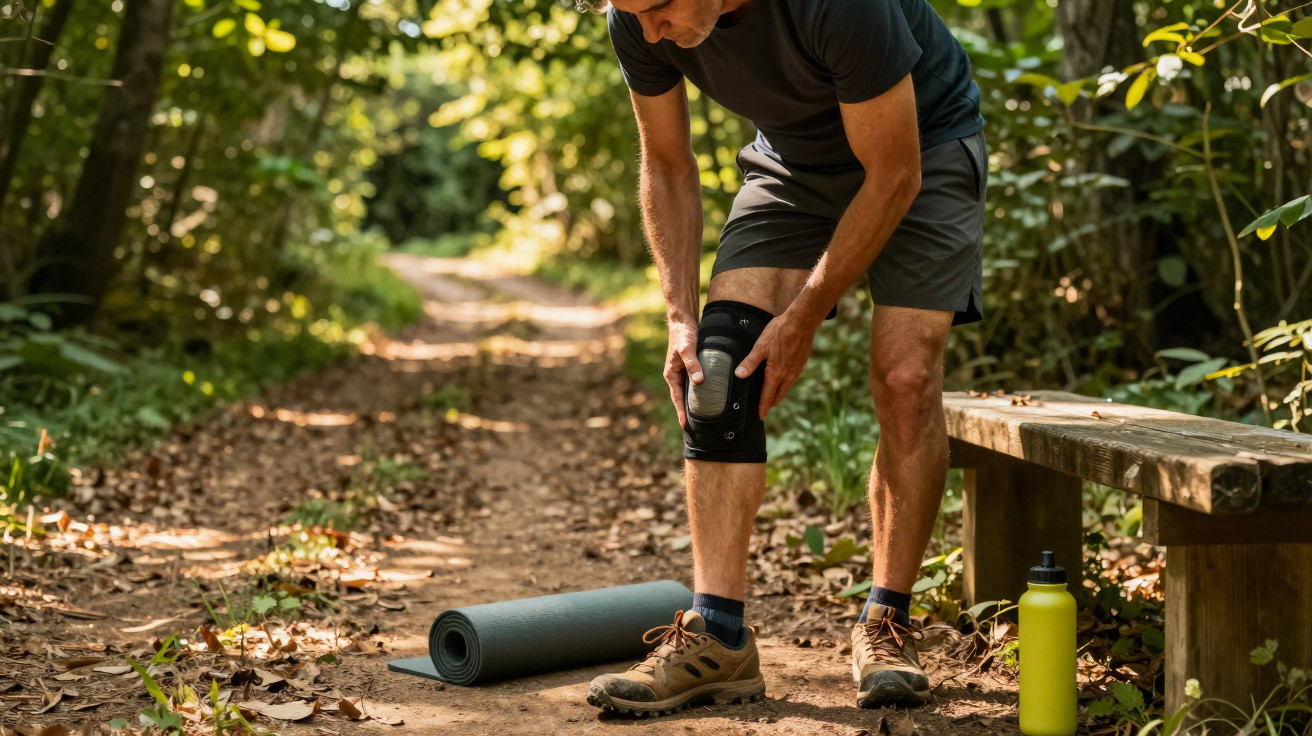 Homem com joelheira a tocar no joelho numa trilha em bosque, ao lado de tapete de yoga e garrafa amarela.