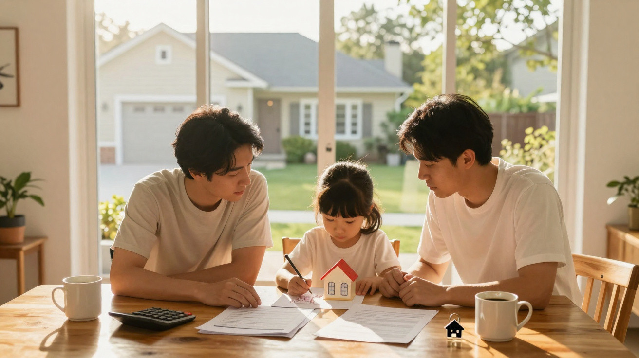 Dois homens e uma menina a assinar documentos numa mesa com casa em miniatura e canecas.