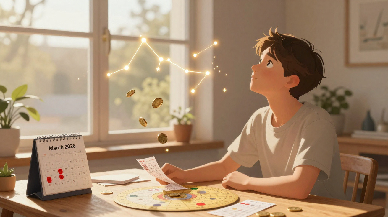 Rapaz sentado à mesa a observar uma constelação luminosa com moedas e calendário de março 2026 ao lado.