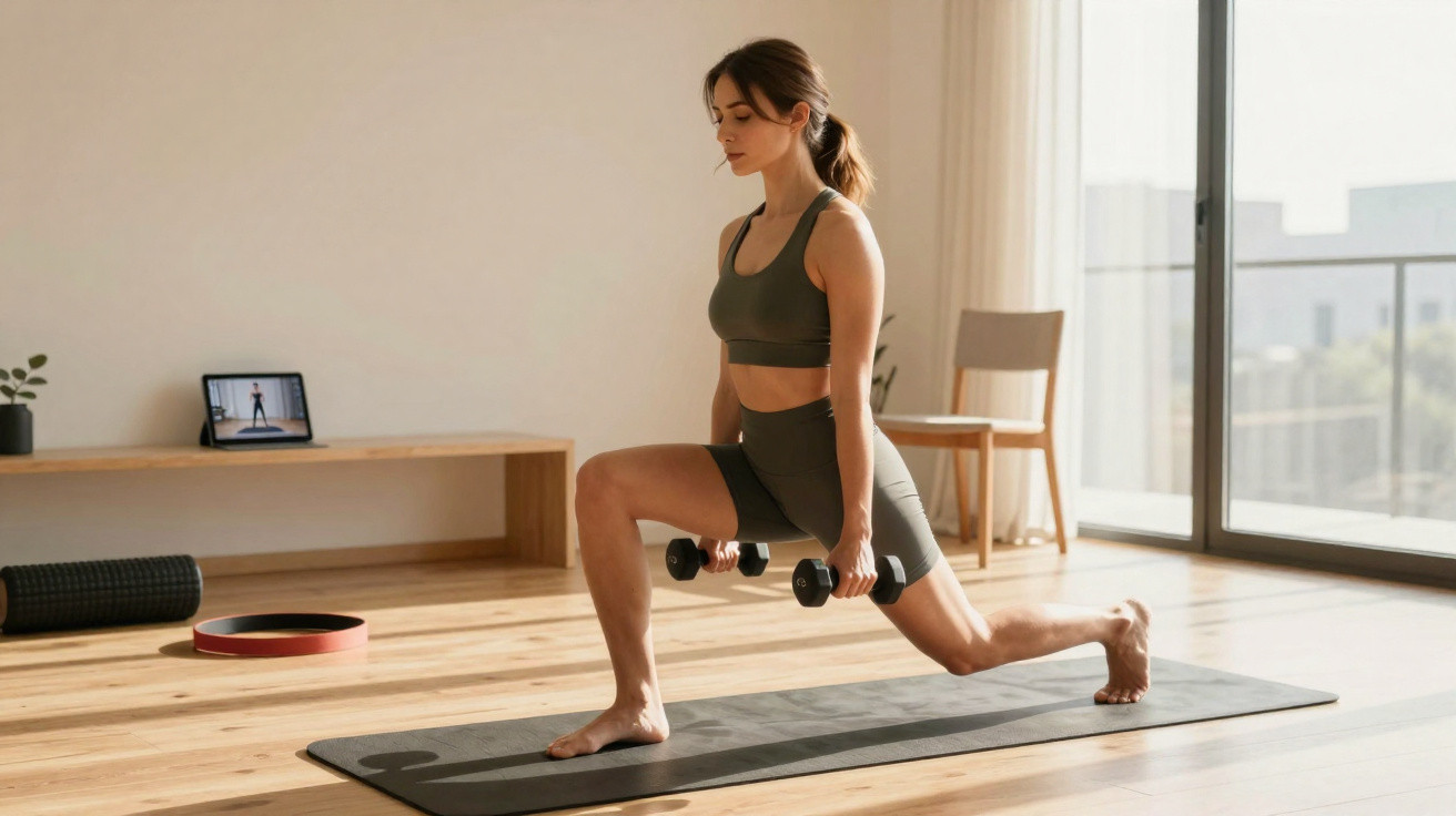 Mulher a fazer exercício com pesos em tapete de yoga numa sala iluminada com janela ampla.