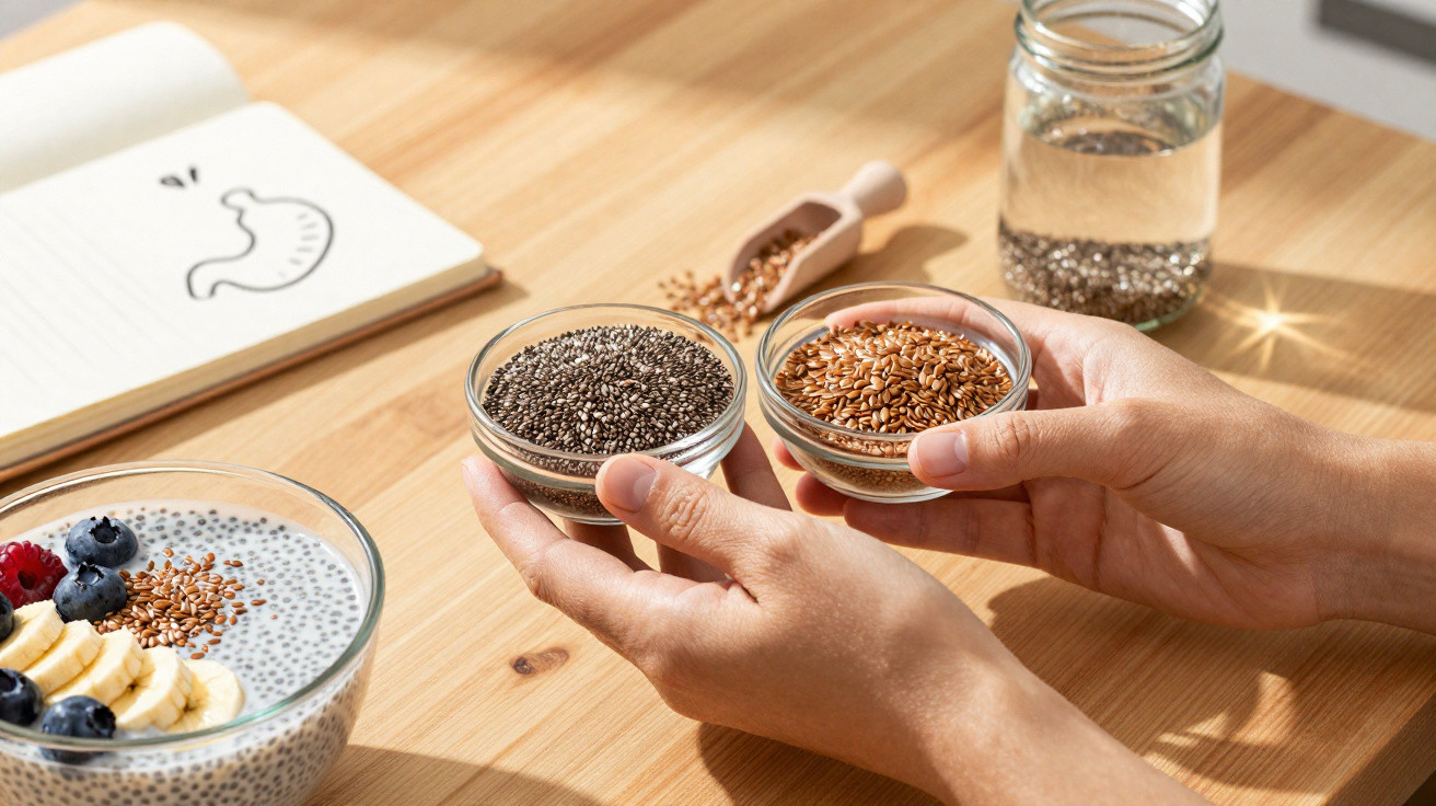 Mãos seguram sementes de chia e linhaça, com tigela de iogurte com frutas e caderno com desenho numa mesa de madeira.