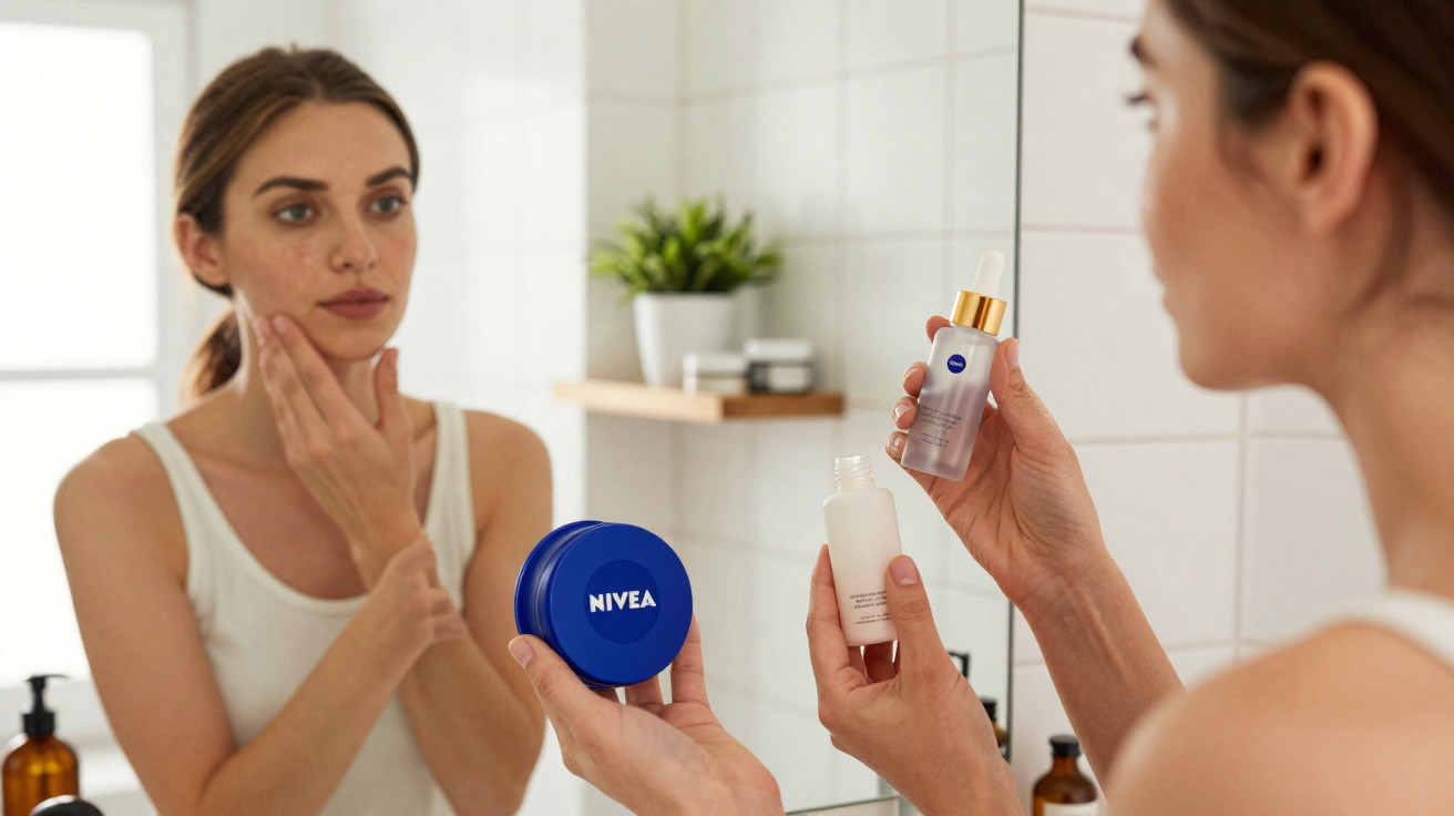 Mulher a olhar ao espelho aplicando produtos de skincare Nivea, segurando frascos de creme e sérum.