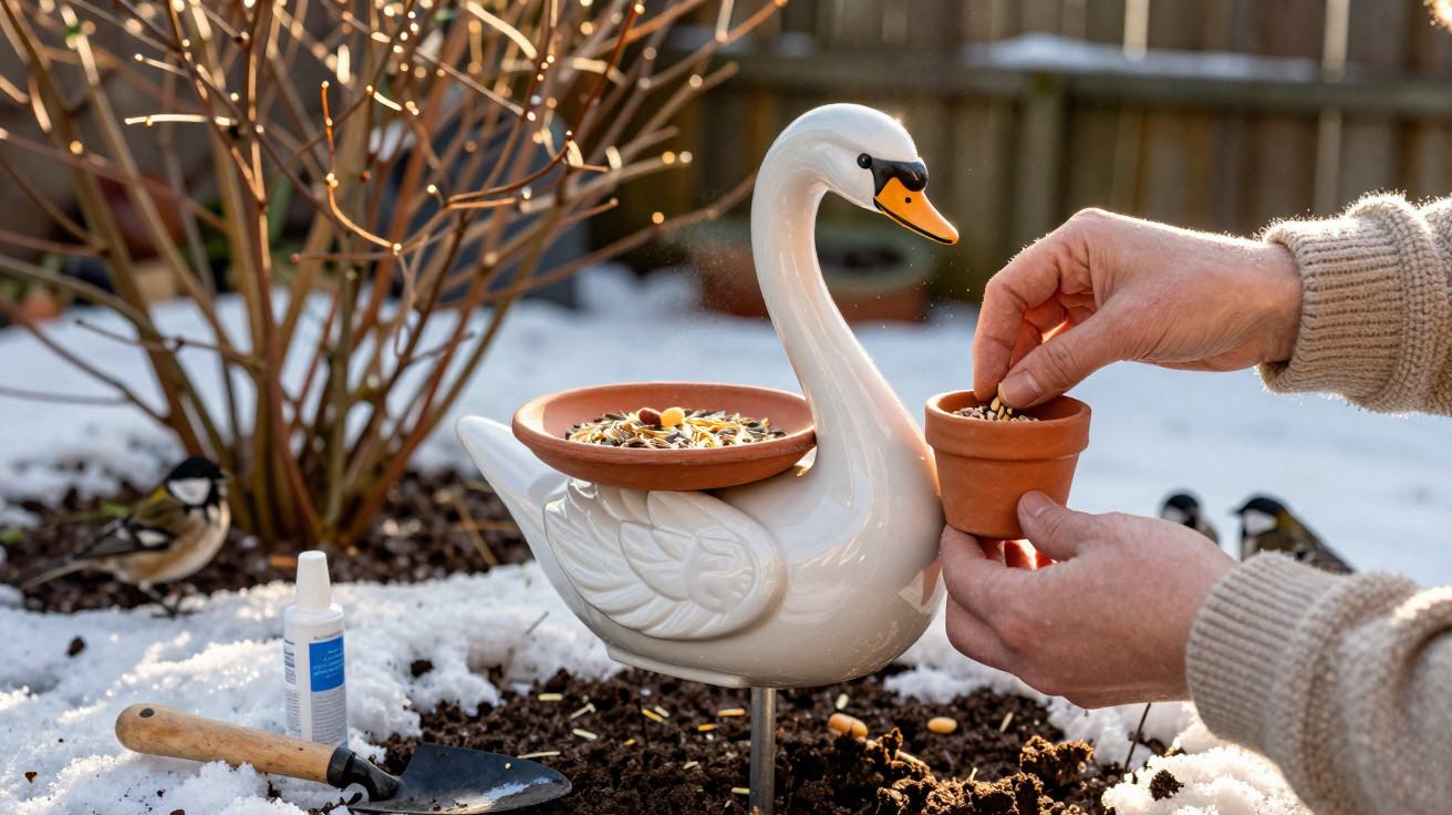 Mãos a alimentar pássaros com sementes em comedouro de cerâmica em forma de cisne num jardim com neve.