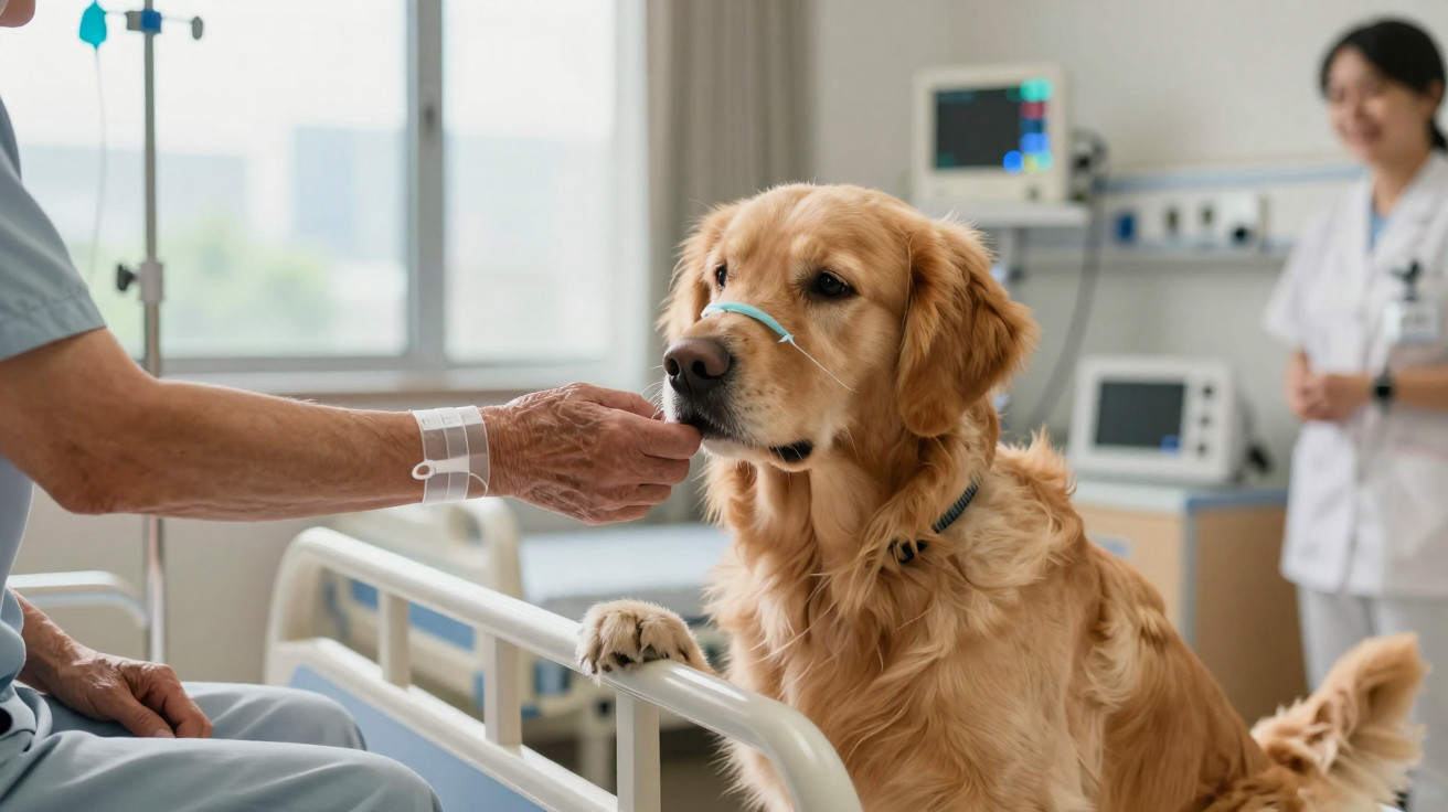 Cão dourado com sonda nasal a interagir com paciente hospitalar, com médica a sorrir ao fundo.