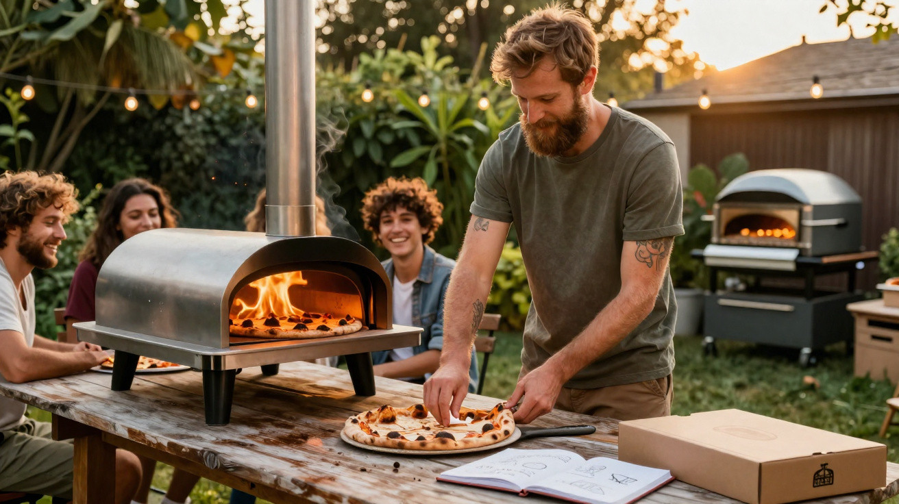 Homem a tirar pizza do forno a lenha ao ar livre, com grupo de amigos sentados à mesa sorrindo.