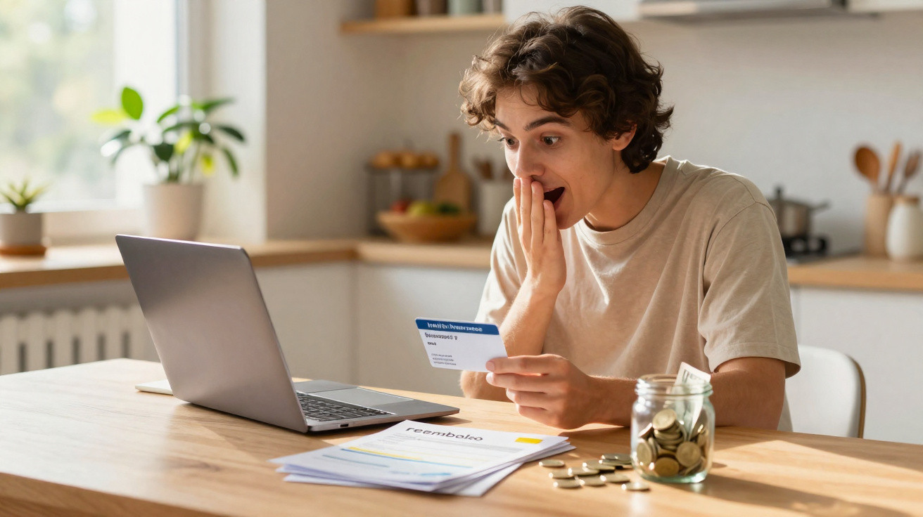 Jovem surpreendido com cartão e computador numa mesa com moedas e documentos financeiros.