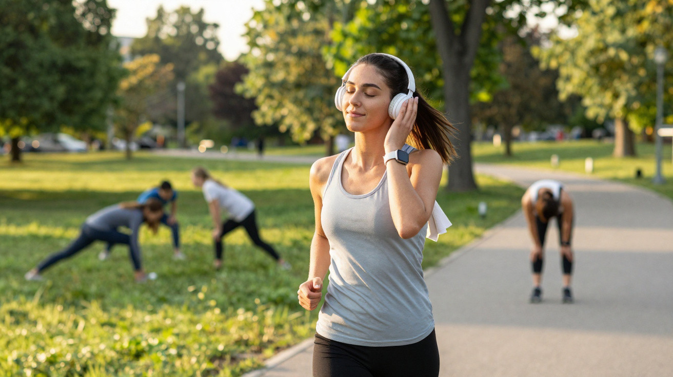 Mulher a correr num parque com auriculares, rodeada por outras pessoas a exercitar-se ao ar livre.