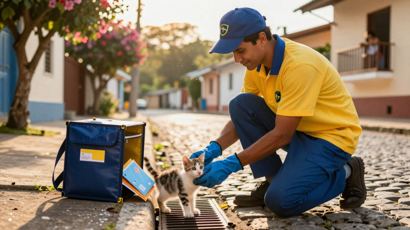 Carteiro ajoelhado a acariciar um gato junto a uma caixa de correio azul numa rua de calçada.