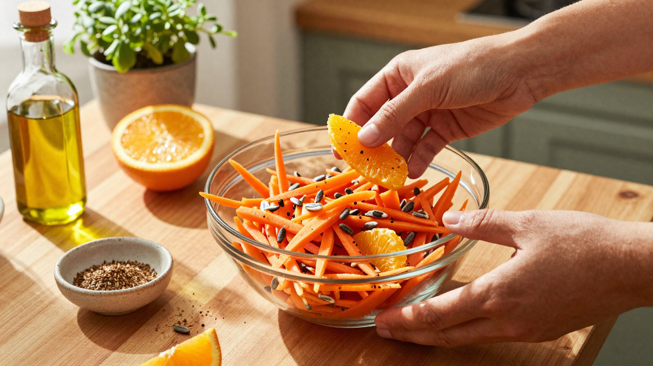 Mãos a adicionar fatias de tangerina a salada de cenoura, sementes e óleo numa cozinha com planta e laranja.