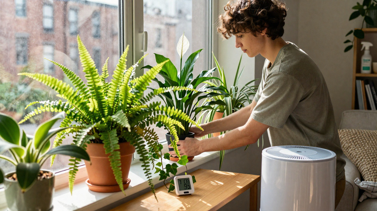 Pessoa a cuidar de plantas num parapeito junto a uma janela luminosa numa sala.