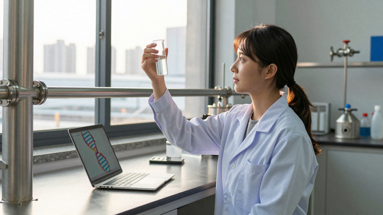 Mulher cientista em bata branca analisa líquido transparente em frasco num laboratório moderno.