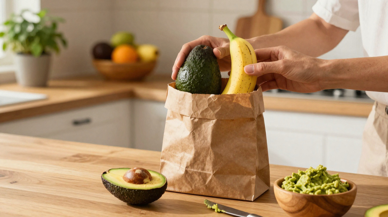 Pessoa a colocar abacate e banana num saco de papel numa cozinha com abacate cortado e guacamole numa tigela.