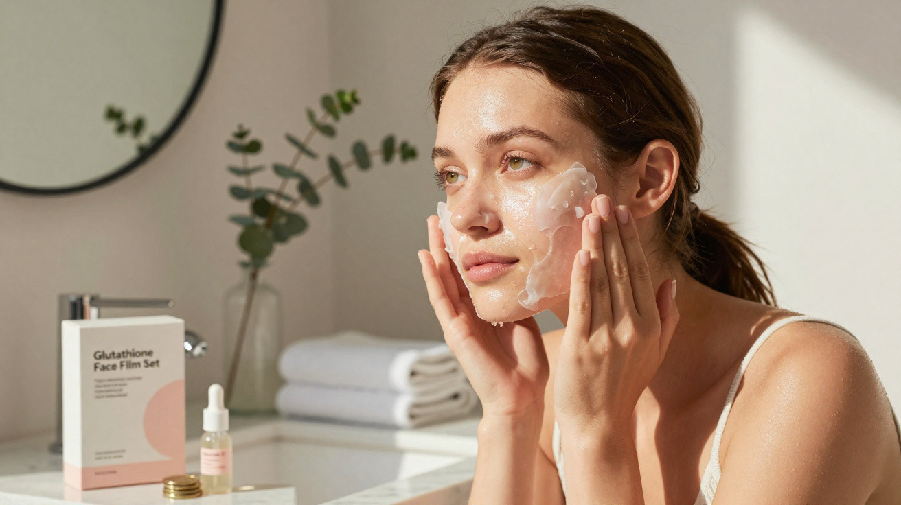 Mulher a aplicar máscara facial transparente numa cara limpa num ambiente de casa de banho iluminado.