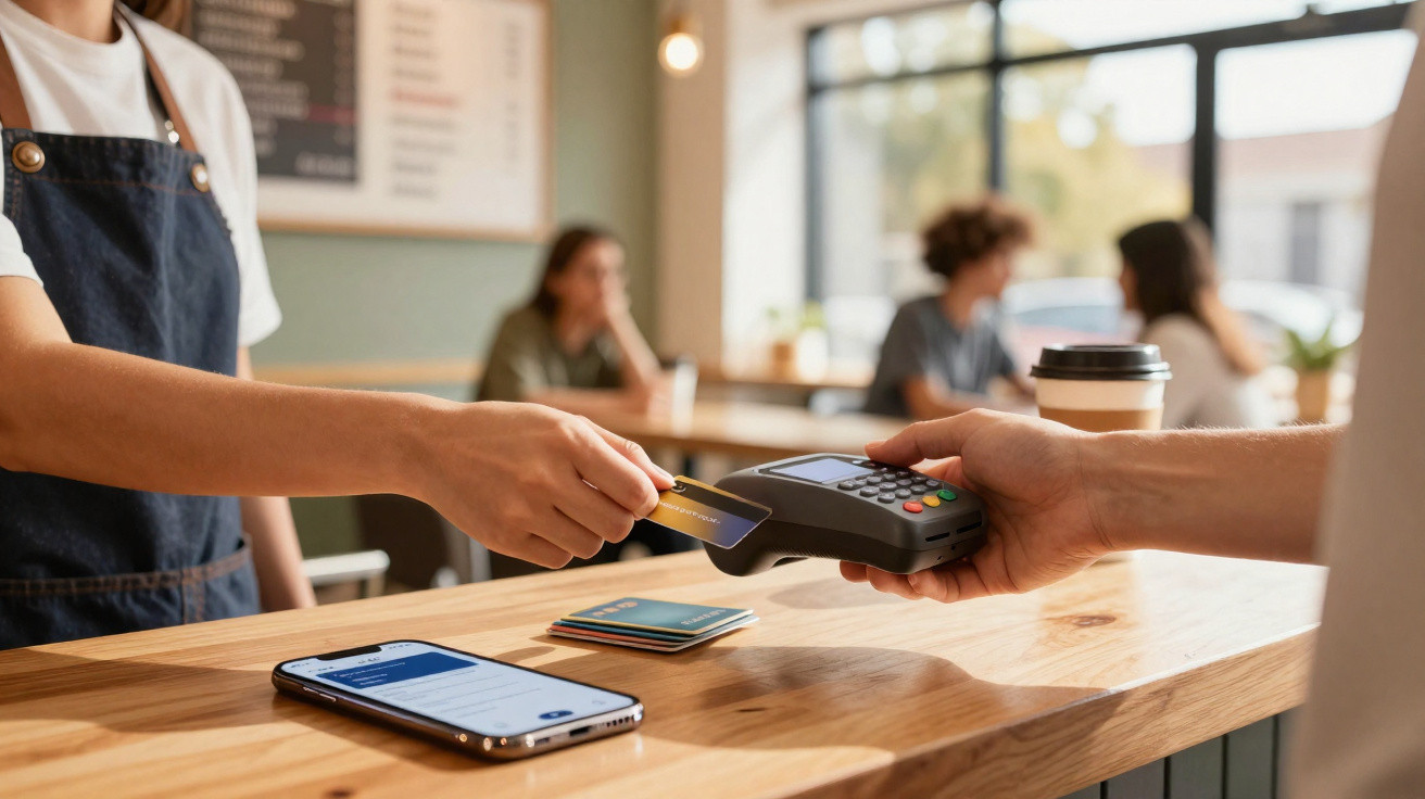 Cliente paga com cartão contactless numa cafeteria, com telefone e copo de café na mesa.