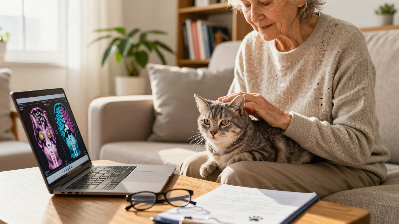 Mulher idosa a acariciar um gato sentado no seu colo com imagens cerebrais num computador portátil à frente.