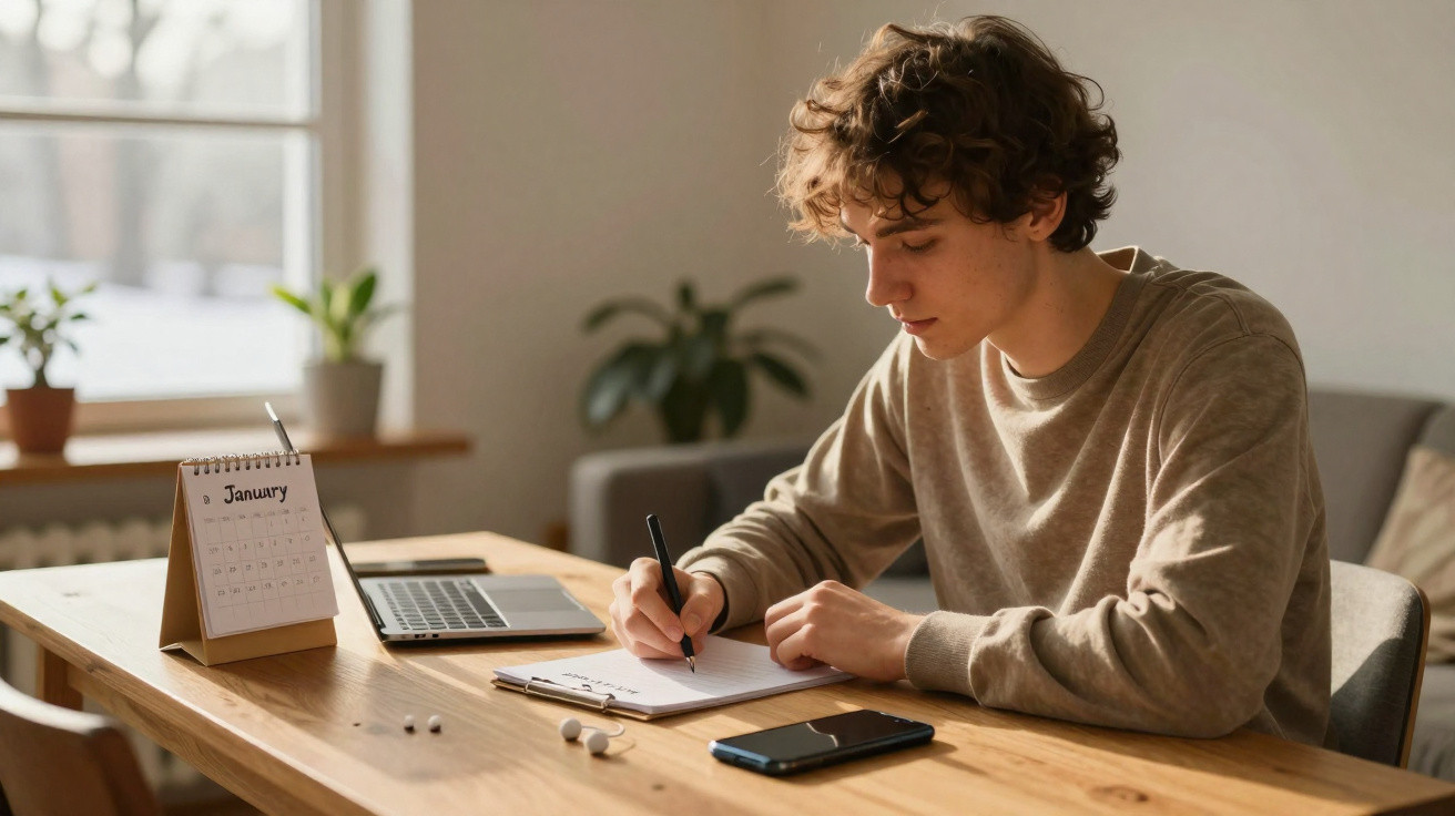 Jovem sentado a escrever em caderno numa mesa de madeira com portátil, telemóvel e calendário de janeiro.