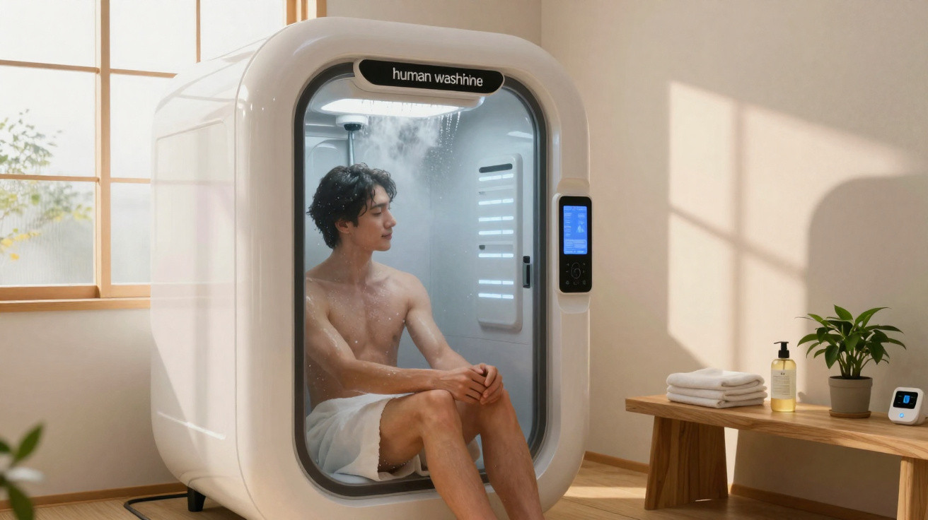Homem sentado dentro de cabine moderna de chuveiro automática num ambiente luminoso e minimalista.