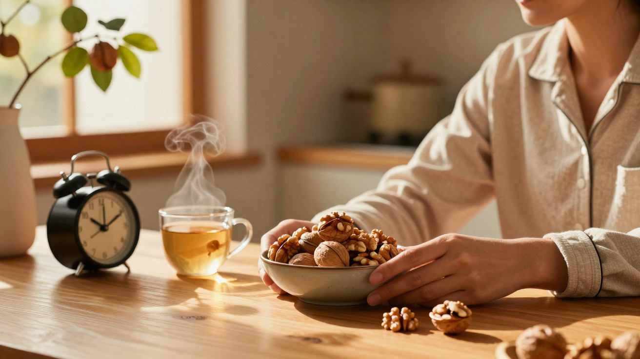 Pessoa com pijama a segurar tigela de frutos secos numa mesa com chá quente e despertador preto.