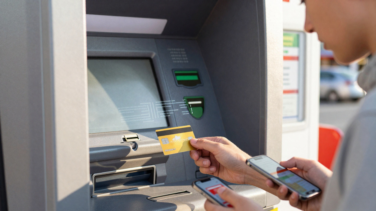 Pessoa a usar cartão bancário e telemóvel num multibanco ao ar livre durante o dia.