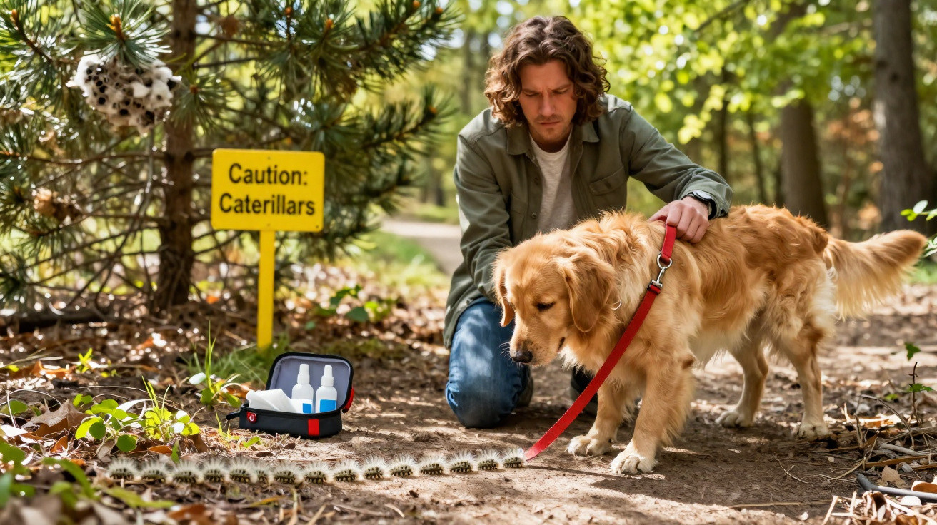 Homem com cão observa lagartas num trilho florestal com placa de aviso e kit de primeiros socorros.