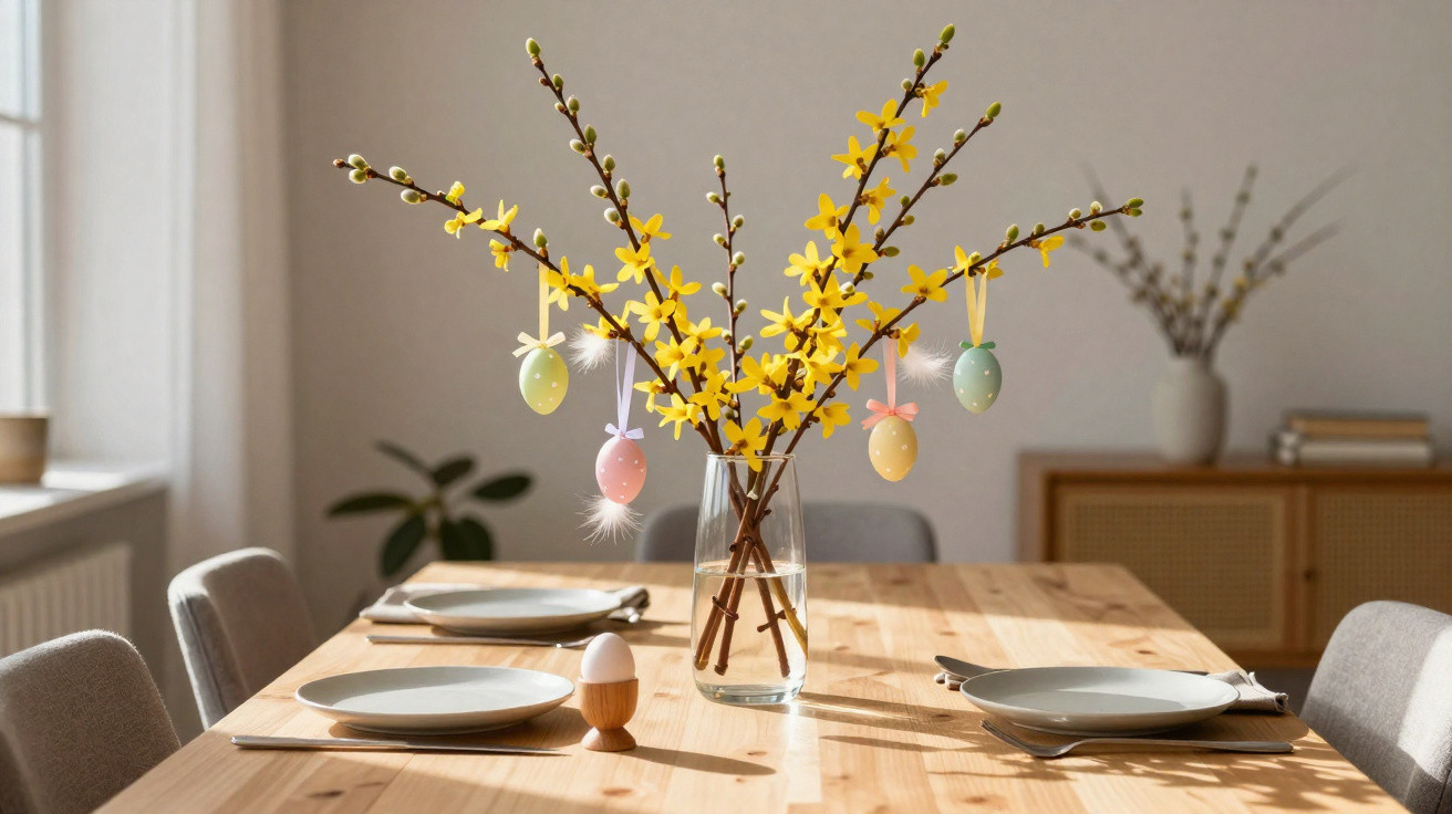 Mesa de madeira com arranjo de ramos floridos amarelos e ovos decorativos pendurados, em sala iluminada.