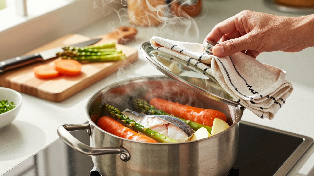 Panela com legumes e peixe a cozinhar a vapor numa placa de fogão, com tampa a ser levantada por mão.