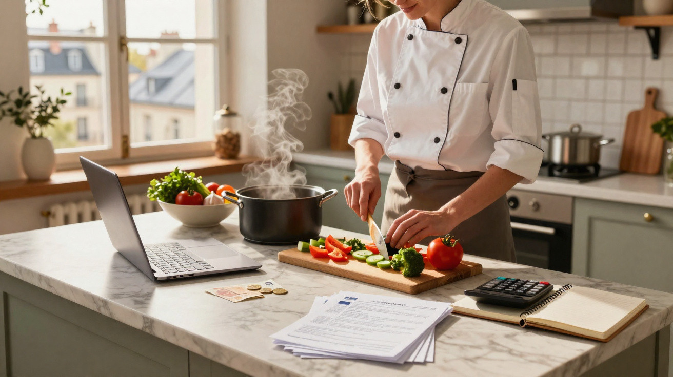 Chef a preparar legumes numa cozinha moderna com computador portátil, documentos e calculadora na bancada.
