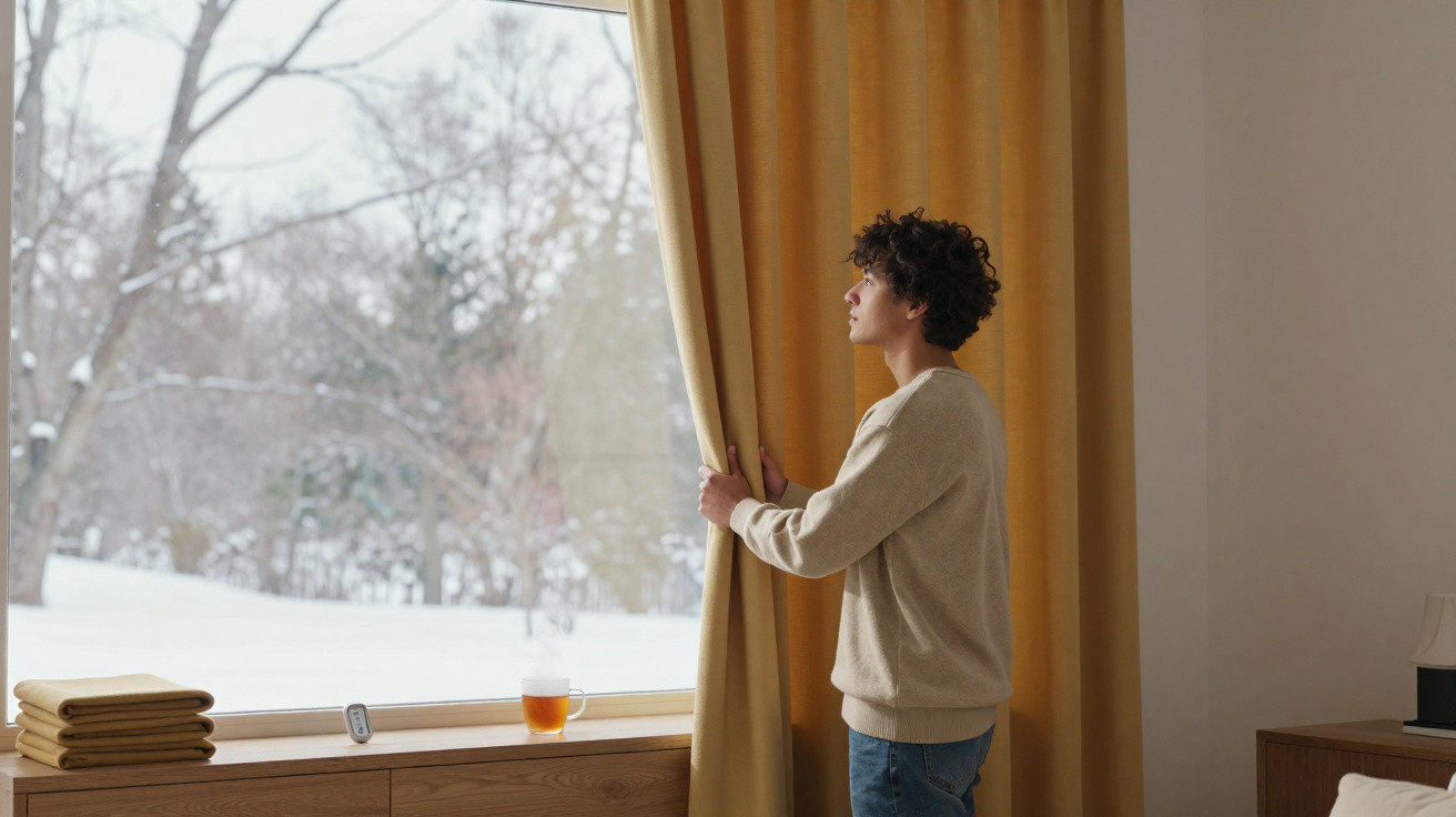 Pessoa abre cortinas amarelas para olhar para a neve no exterior através de uma janela ampla.