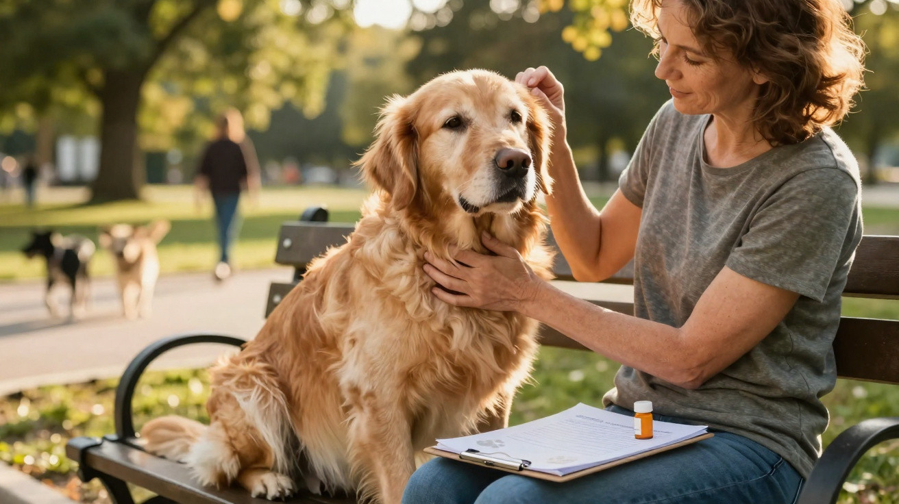 Mulher sentada num banco no parque a acariciar um cão dourado com uma prancheta e frasco de remédio.