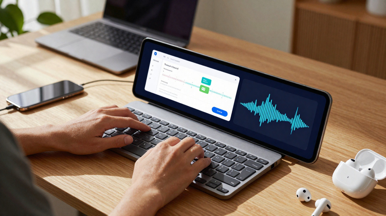 Mãos a digitar num teclado portátil com ecrã horizontal a mostrar editor de áudio, sobre mesa de madeira.