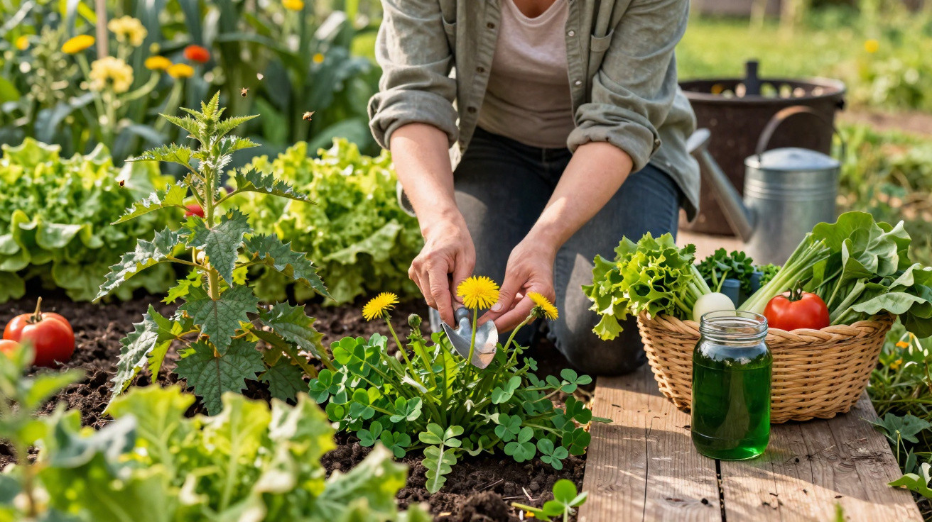 Pessoa a cuidar de plantas num jardim com legumes e flores num cesto ao lado.