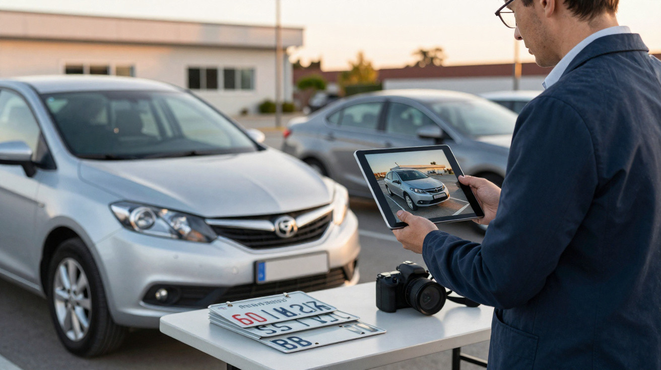 Homem tira foto a carro prateado estacionado, usando tablet, com máquina fotográfica e matrículas numa mesa.