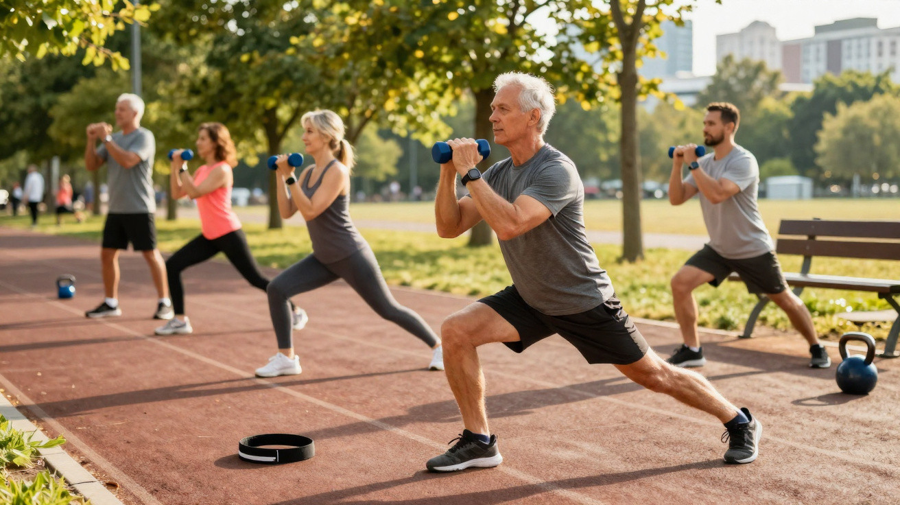 Grupo de adultos a fazer exercício com halteres ao ar livre num parque ensolarado.