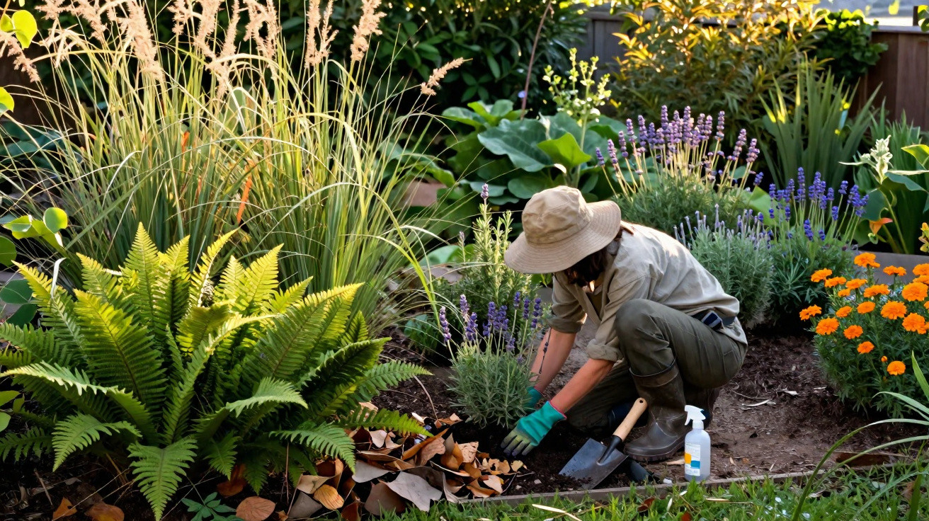 Pessoa a cuidar de plantas num jardim com flores coloridas e folhagens verdes.