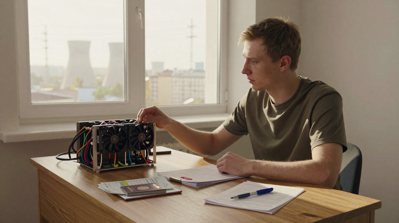 Homem jovem sentado numa mesa, a ajustar hardware de mineração de criptomoedas, com documentos e caderno à sua frente.