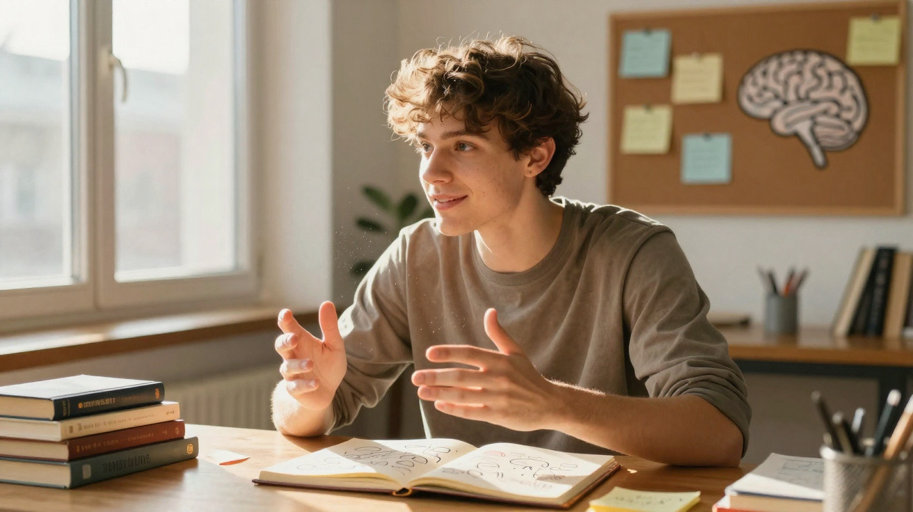 Jovem a estudar e explicar conteúdos de neurociência com livros e notas numa mesa iluminada pela luz natural.