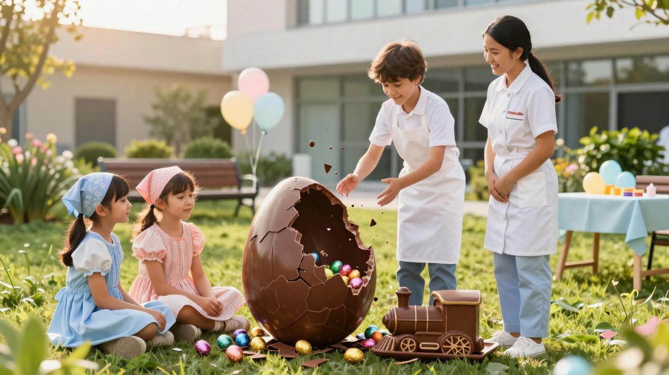 Crianças e uma adulta celebram ao ar livre com ovo de Páscoa gigante partido e chocolates coloridos no chão.