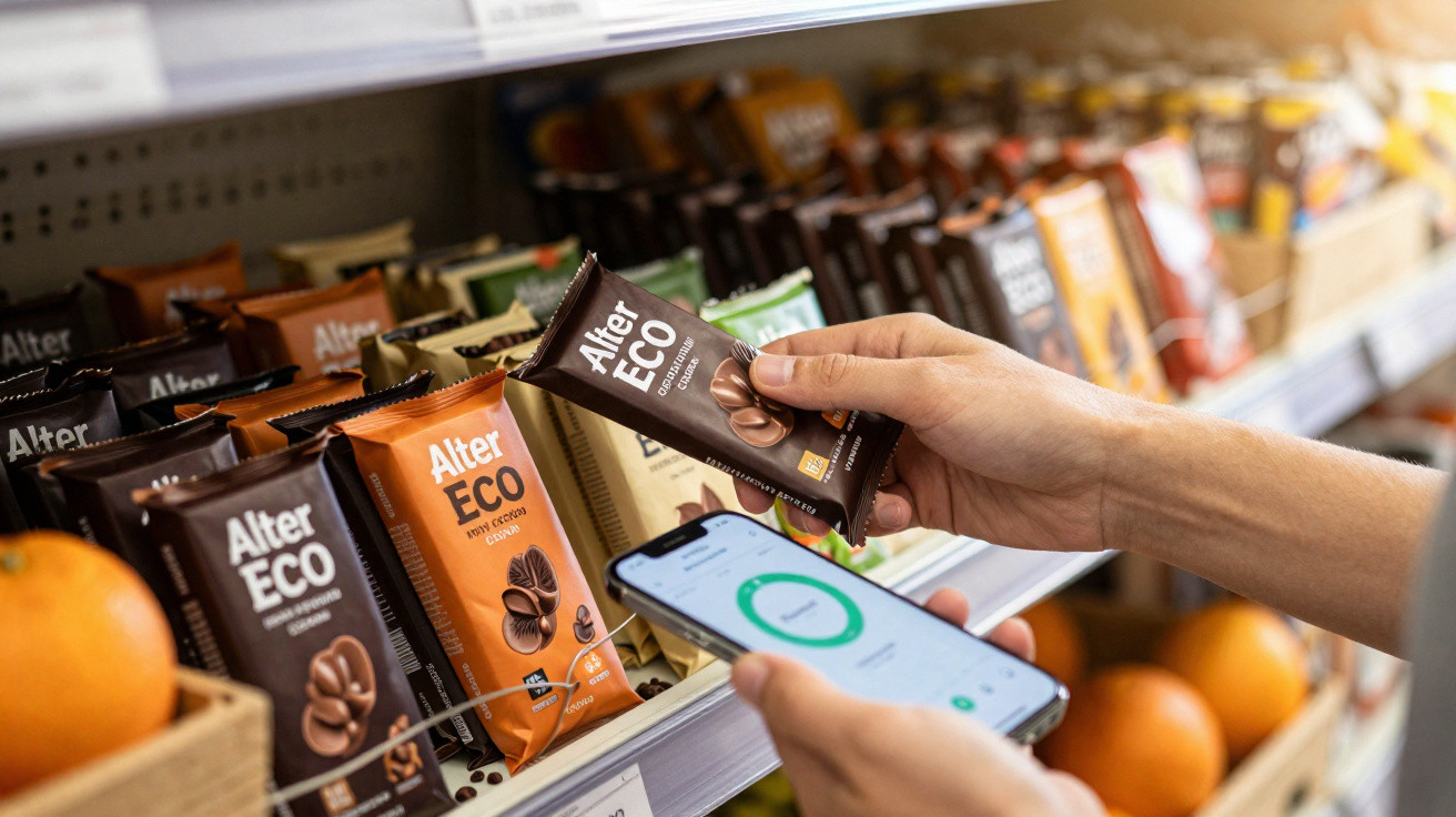 Pessoa segura barra de chocolate Alter Eco no supermercado com telemóvel na outra mão.